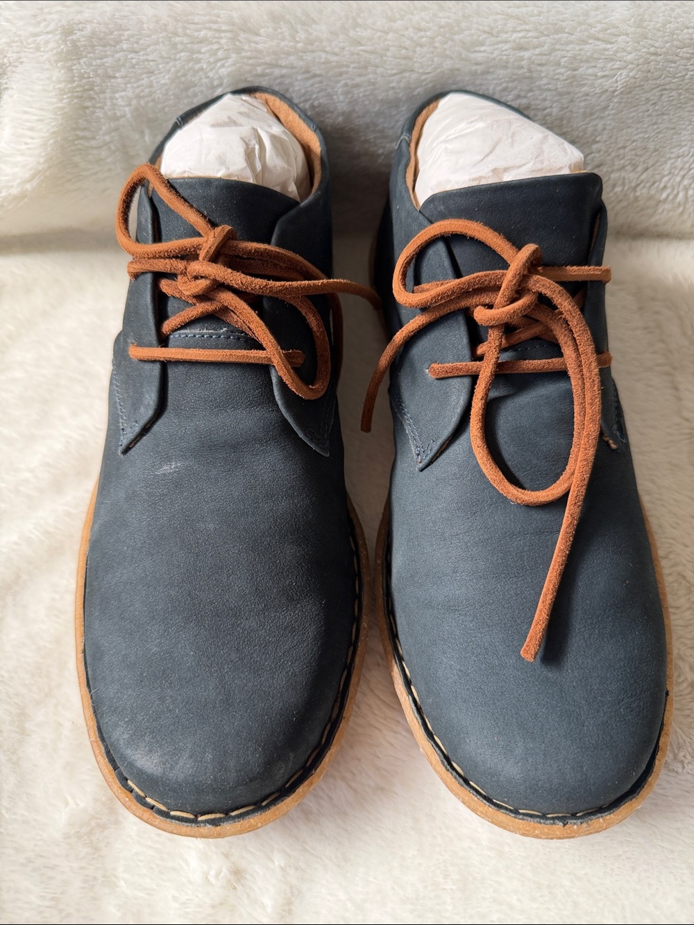 BORN Women’s (size 7) Navy Nubuck Ankle Booties with Brown Laces